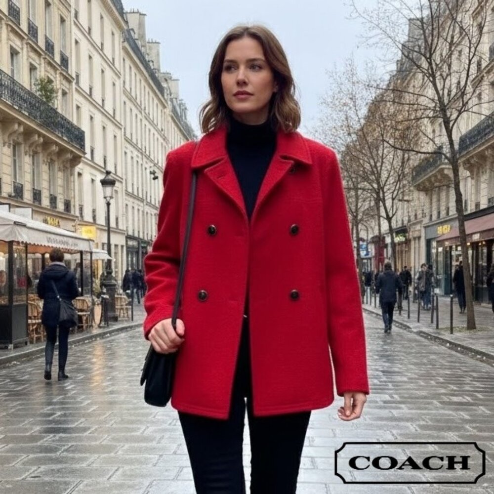 Coach Women’s Vintage Red Double Breasted Logo Liner Wool Blend Peacoat Jacket